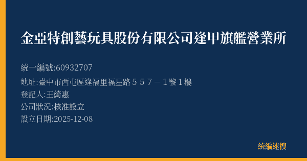 金亞特創藝玩具股份有限公司逢甲旗艦營業所的照片-統編 60932707(臺中市) 公司登記資料與營業項目詳細圖表