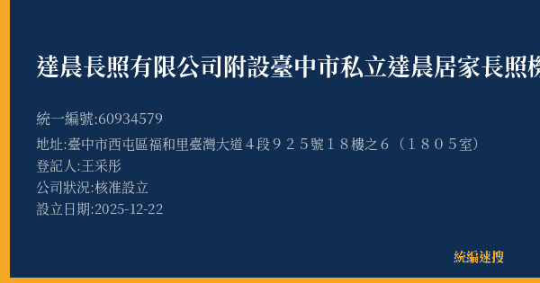 達晨長照有限公司附設臺中市私立達晨居家長照機構的照片-統編 60934579(臺中市) 公司登記資料與營業項目詳細圖表
