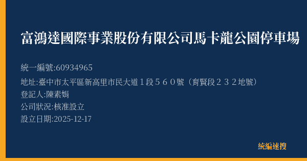 富鴻達國際事業股份有限公司馬卡龍公園停車場的照片-統編 60934965(臺中市) 公司登記資料與營業項目詳細圖表