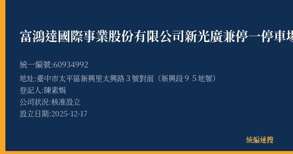 富鴻達國際事業股份有限公司新光廣兼停一停車場的照片-統編 60934992(臺中市) 公司登記資料與營業項目詳細圖表
