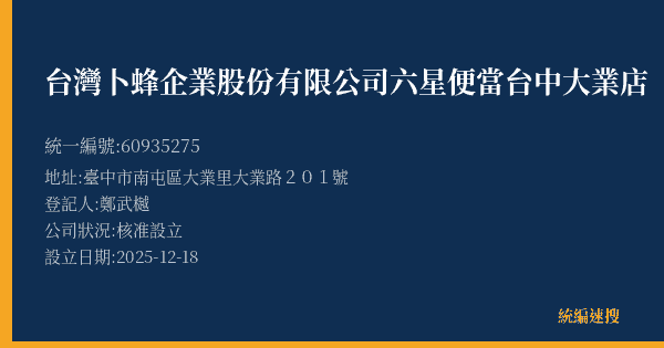 台灣卜蜂企業股份有限公司六星便當台中大業店的照片-統編 60935275(臺中市) 公司登記資料與營業項目詳細圖表