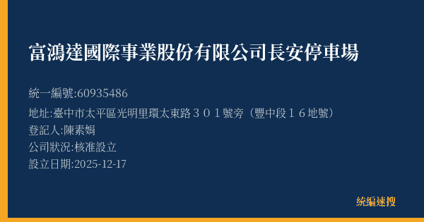 富鴻達國際事業股份有限公司長安停車場的照片-統編 60935486(臺中市) 公司登記資料與營業項目詳細圖表