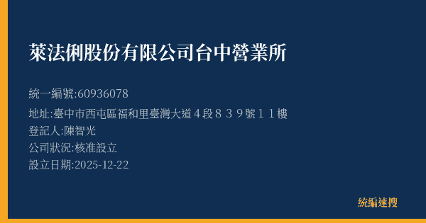 萊法俐股份有限公司台中營業所的照片-統編 60936078(臺中市) 公司登記資料與營業項目詳細圖表