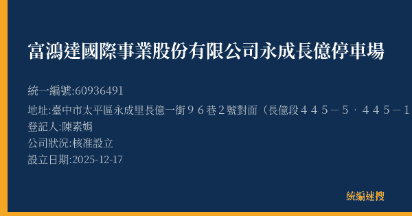 富鴻達國際事業股份有限公司永成長億停車場的照片-統編 60936491(臺中市) 公司登記資料與營業項目詳細圖表