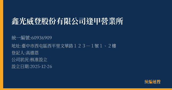 鑫光威登股份有限公司逢甲營業所的照片-統編 60936909(臺中市) 公司登記資料與營業項目詳細圖表