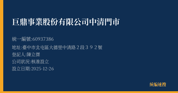巨鼎事業股份有限公司中清門市的照片-統編 60937386(臺中市) 公司登記資料與營業項目詳細圖表