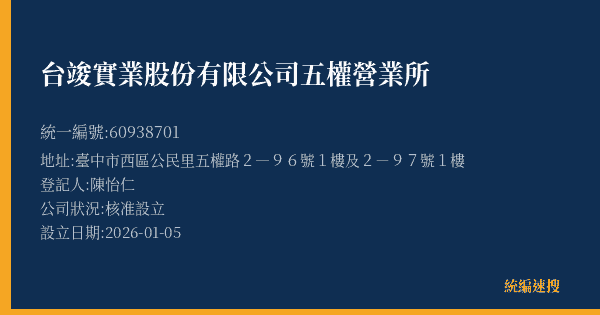 台竣實業股份有限公司五權營業所的照片-統編 60938701(臺中市) 公司登記資料與營業項目詳細圖表