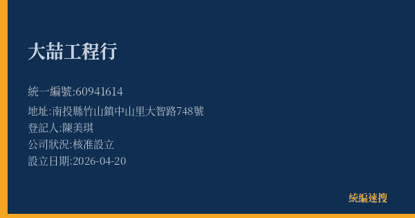 大喆工程行的照片-統編 60941614(南投縣) 公司登記資料與營業項目詳細圖表