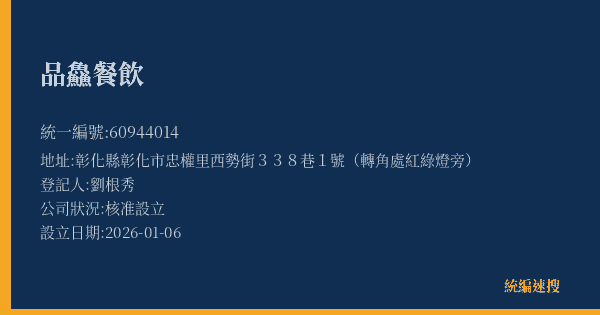 品鱻餐飲的照片-統編 60944014(彰化縣) 公司登記資料與營業項目詳細圖表