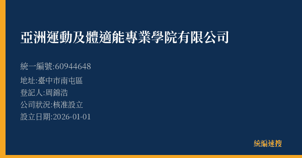 亞洲運動及體適能專業學院有限公司的照片-統編 60944648(臺中市) 公司登記資料與營業項目詳細圖表