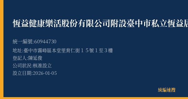 恆益健康樂活股份有限公司附設臺中市私立恆益居家長照機構的照片-統編 60944730(臺中市) 公司登記資料與營業項目詳細圖表