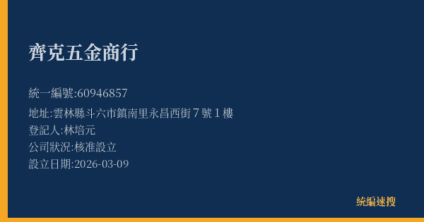 齊克五金商行的照片-統編 60946857(雲林縣) 公司登記資料與營業項目詳細圖表