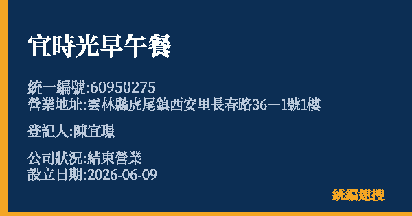 宜時光早午餐的照片-統編 60950275 公司登記資料與營業項目詳細圖表