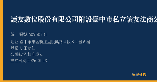 讀友數位股份有限公司附設臺中市私立讀友法商公職證照文理短期補習班的照片-統編 60950731(臺中市) 公司登記資料與營業項目詳細圖表