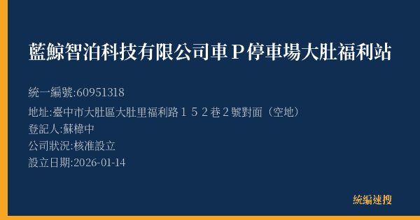 藍鯨智泊科技有限公司車P停車場大肚福利站的照片-統編 60951318(臺中市) 公司登記資料與營業項目詳細圖表