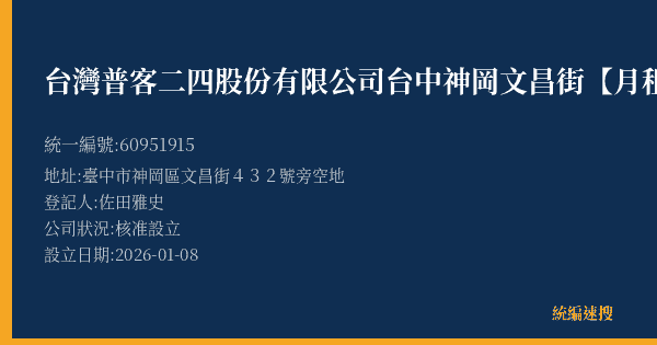 台灣普客二四股份有限公司台中神岡文昌街【月租】停車場的照片-統編 60951915(臺中市) 公司登記資料與營業項目詳細圖表