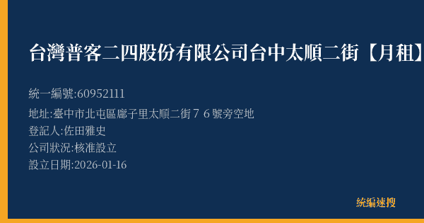台灣普客二四股份有限公司台中太順二街【月租】停車場的照片-統編 60952111(臺中市) 公司登記資料與營業項目詳細圖表