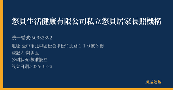 悠貝生活健康有限公司私立悠貝居家長照機構的照片-統編 60952392(臺中市) 公司登記資料與營業項目詳細圖表
