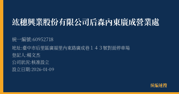 竑穗興業股份有限公司后森內東廣成營業處的照片-統編 60952718(臺中市) 公司登記資料與營業項目詳細圖表