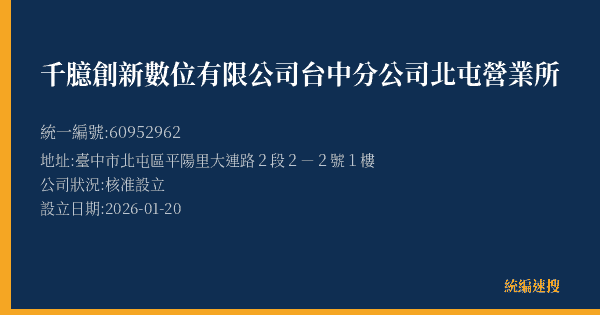 千臆創新數位有限公司台中分公司北屯營業所的照片-統編 60952962(臺中市) 公司登記資料與營業項目詳細圖表