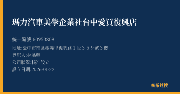 瑪力汽車美學企業社台中愛買復興店的照片-統編 60953809(臺中市) 公司登記資料與營業項目詳細圖表