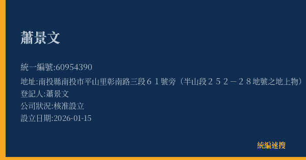 蕭景文的照片-統編 60954390(南投縣) 公司登記資料與營業項目詳細圖表