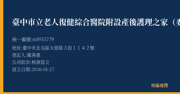臺中市立老人復健綜合醫院附設產後護理之家(委託財團法人中國醫藥大學興建經營)的照片-統編 60955779(臺中市) 公司登記資料與營業項目詳細圖表