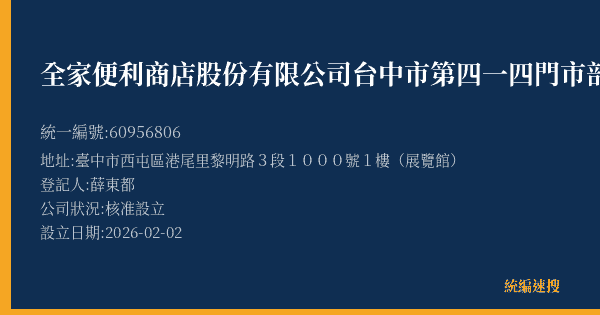 全家便利商店股份有限公司台中市第四一四門市部的照片-統編 60956806(臺中市) 公司登記資料與營業項目詳細圖表