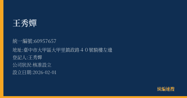 王秀嬋的照片-統編 60957657(臺中市) 公司登記資料與營業項目詳細圖表