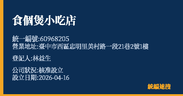 食個煲小吃店的照片-統編 60968205 公司登記資料與營業項目詳細圖表