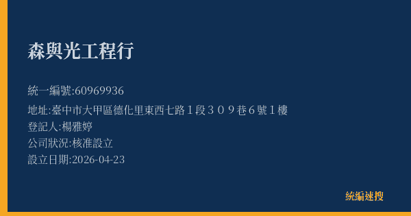 森與光工程行的照片-統編 60969936(臺中市) 公司登記資料與營業項目詳細圖表