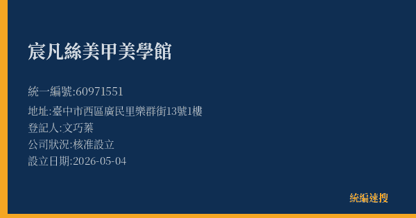 宸凡絲美甲美學館的照片-統編 60971551(臺中市) 公司登記資料與營業項目詳細圖表