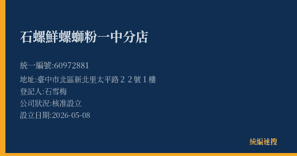 石螺鮮螺螄粉一中分店的照片-統編 60972881(臺中市) 公司登記資料與營業項目詳細圖表