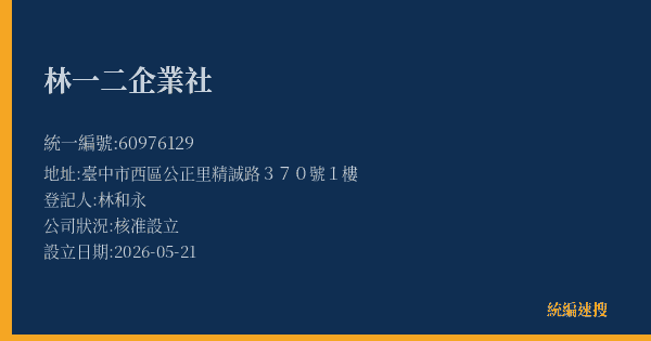 林一二企業社的照片-統編 60976129(臺中市) 公司登記資料與營業項目詳細圖表