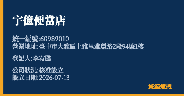 宇億便當店的照片-統編 60989010 公司登記資料與營業項目詳細圖表