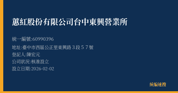 蕙紅股份有限公司台中東興營業所的照片-統編 60990396(臺中市) 公司登記資料與營業項目詳細圖表