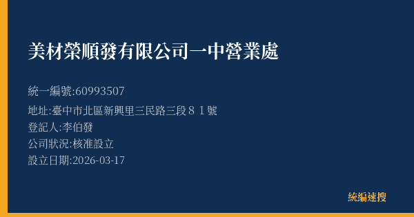 美材榮順發有限公司一中營業處的照片-統編 60993507(臺中市) 公司登記資料與營業項目詳細圖表