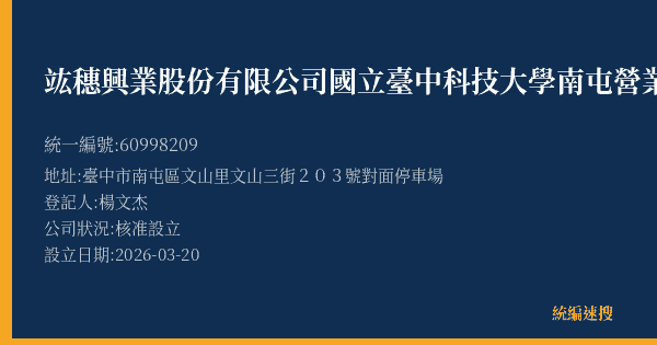竑穗興業股份有限公司國立臺中科技大學南屯營業處的照片-統編 60998209(臺中市) 公司登記資料與營業項目詳細圖表