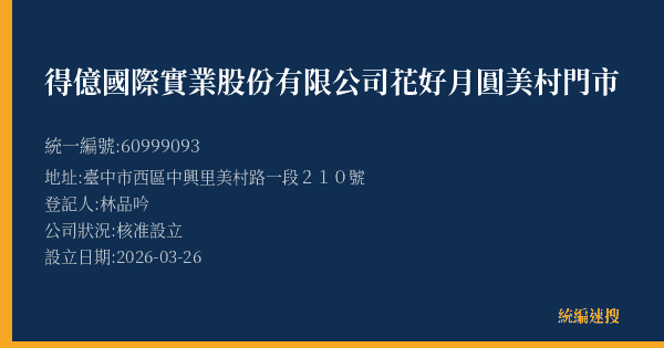 得億國際實業股份有限公司花好月圓美村門市的照片-統編 60999093(臺中市) 公司登記資料與營業項目詳細圖表