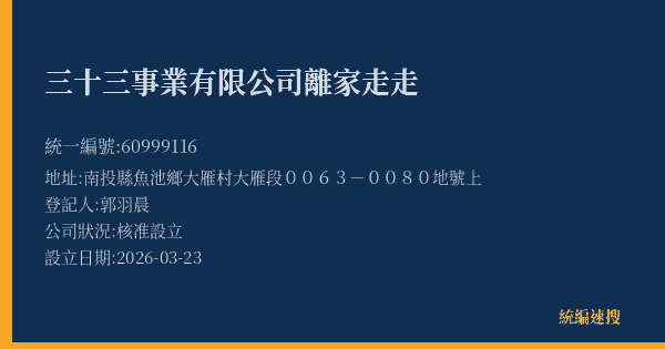 三十三事業有限公司離家走走的照片-統編 60999116(南投縣) 公司登記資料與營業項目詳細圖表