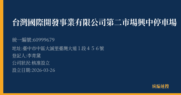 台灣國際開發事業有限公司第二市場興中停車場的照片-統編 60999679(臺中市) 公司登記資料與營業項目詳細圖表
