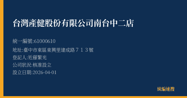 台灣產健股份有限公司南台中二店的照片-統編 61000610(臺中市) 公司登記資料與營業項目詳細圖表