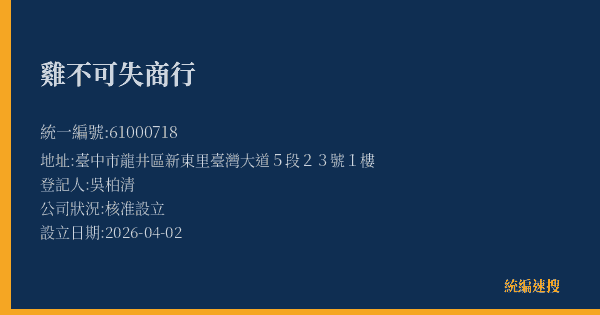 雞不可失商行的照片-統編 61000718(臺中市) 公司登記資料與營業項目詳細圖表