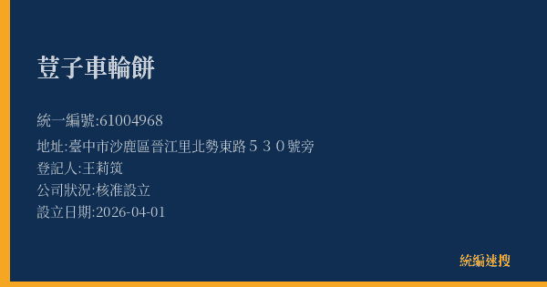 荳子車輪餅的照片-統編 61004968(臺中市) 公司登記資料與營業項目詳細圖表