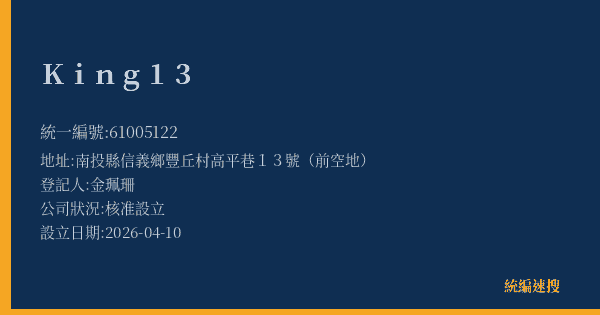 King 13的照片-統編 61005122(南投縣) 公司登記資料與營業項目詳細圖表