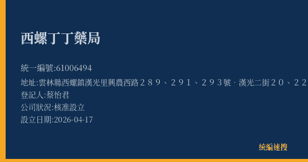 西螺丁丁藥局的照片-統編 61006494(雲林縣) 公司登記資料與營業項目詳細圖表