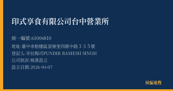 印式享食有限公司台中營業所的照片-統編 61006810(臺中市) 公司登記資料與營業項目詳細圖表