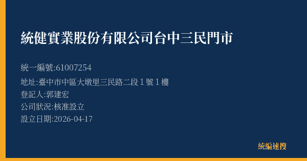統健實業股份有限公司台中三民門市的照片-統編 61007254(臺中市) 公司登記資料與營業項目詳細圖表