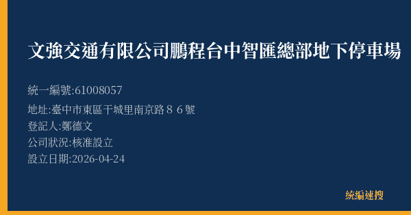 文強交通有限公司鵬程台中智匯總部地下停車場的照片-統編 61008057(臺中市) 公司登記資料與營業項目詳細圖表