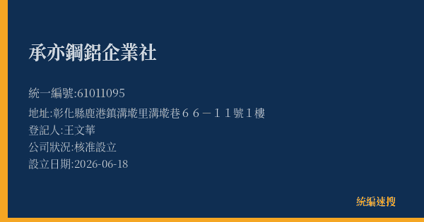 承亦鋼鋁企業社的照片-統編 61011095(彰化縣) 公司登記資料與營業項目詳細圖表